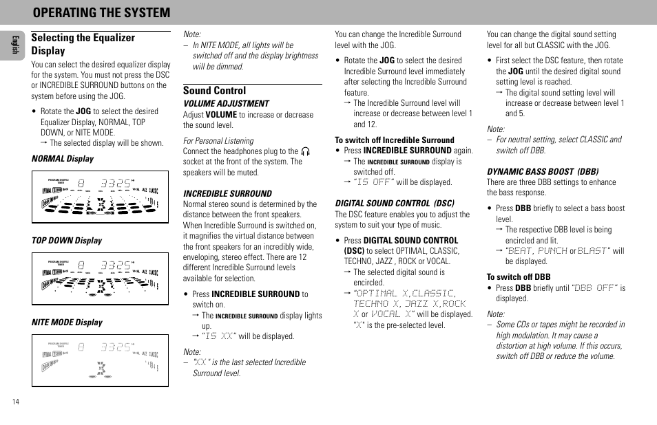 Operating the system, Selecting the equalizer display, Sound control | English, Top down display, Nite mode display | Philips FW930R User Manual | Page 14 / 33