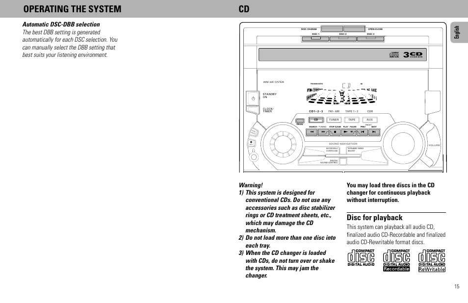 Operating the system cd, Disc for playback | Philips FW930R User Manual | Page 15 / 33