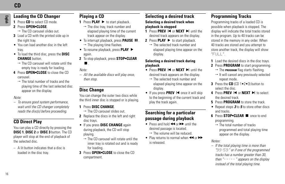 Loading the cd changer, Cd direct play, Playing a cd | Disc change, Selecting a desired track, Searching for a particular passage during playback, Programming tracks | Philips FW930R User Manual | Page 16 / 33