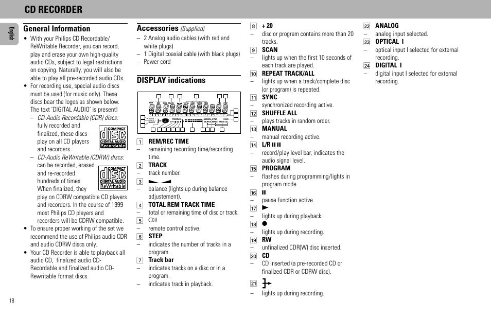Cd recorder, General information, Accessories | Display indications | Philips FW930R User Manual | Page 18 / 33