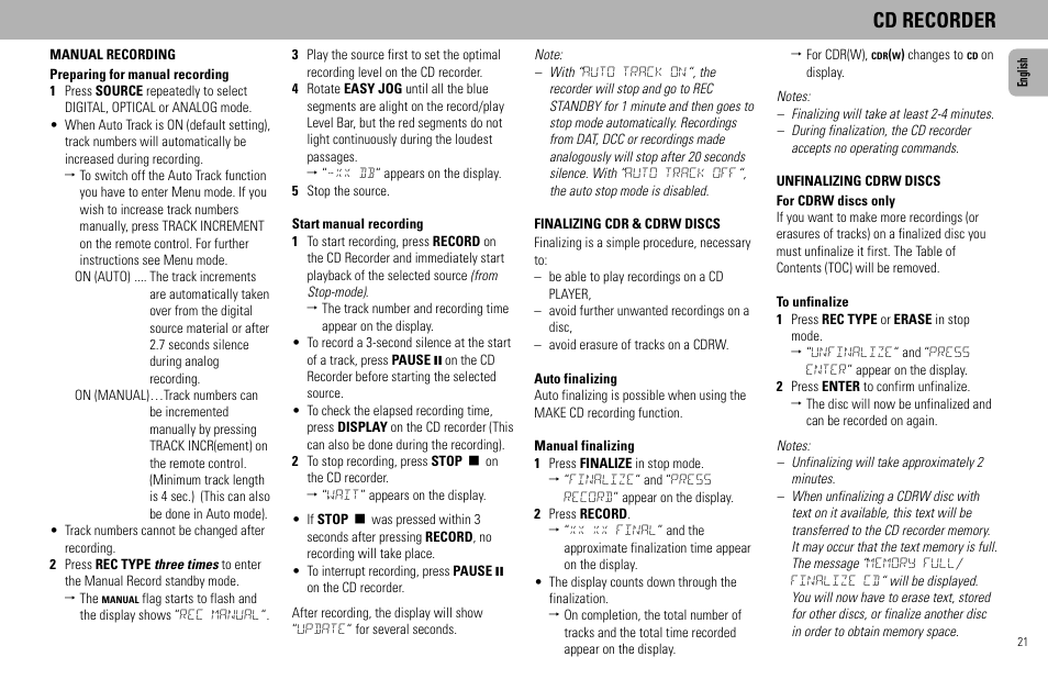 Cd recorder | Philips FW930R User Manual | Page 21 / 33