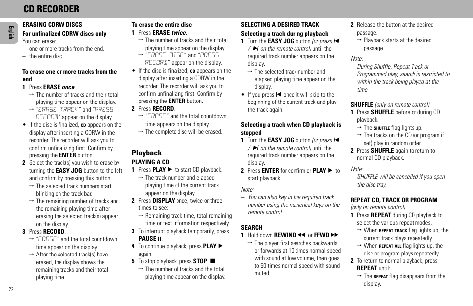 Cd recorder, Playback | Philips FW930R User Manual | Page 22 / 33