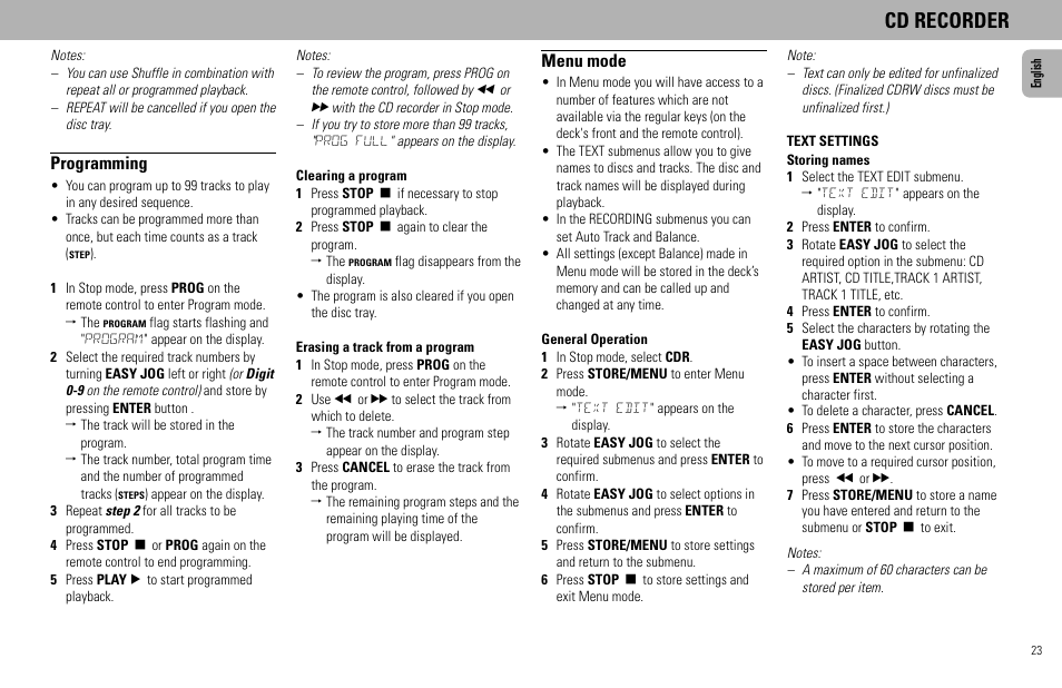 Cd recorder, Programming, Menu mode | Philips FW930R User Manual | Page 23 / 33