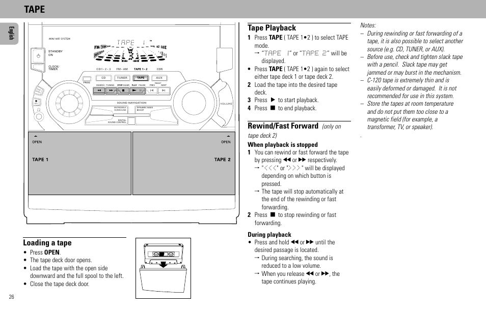 Tape, Loading a tape, Tape playback | Rewind/fast forward, English | Philips FW930R User Manual | Page 26 / 33