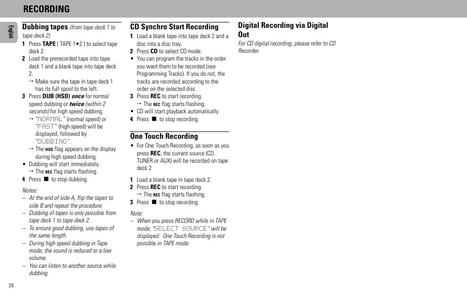 Recording, Dubbing tapes, Cd synchro start recording | One touch recording, Digital recording via digital out | Philips FW930R User Manual | Page 28 / 33