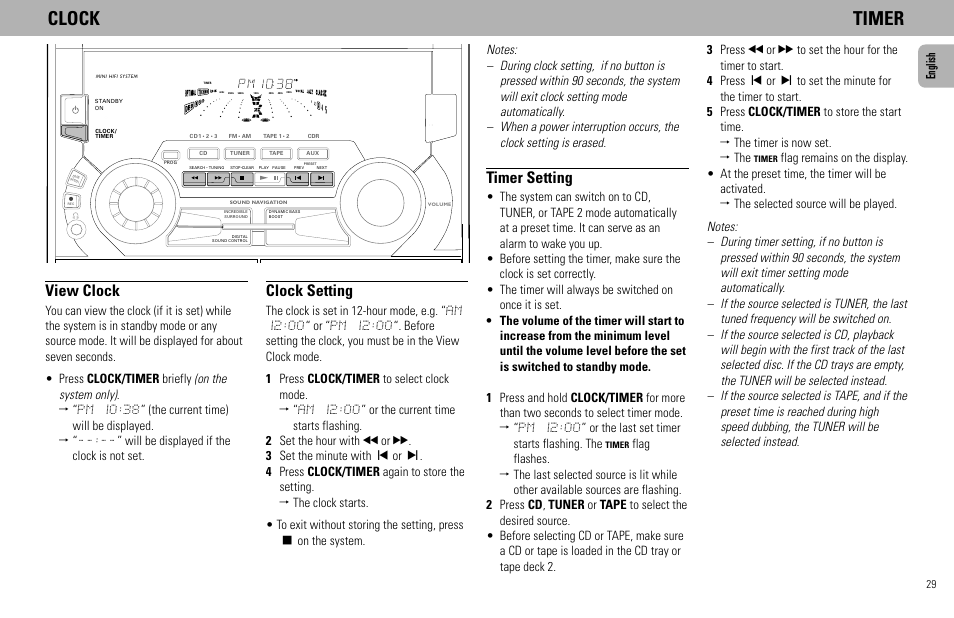 Clock timer, View clock, Clock setting | Timer setting, English | Philips FW930R User Manual | Page 29 / 33