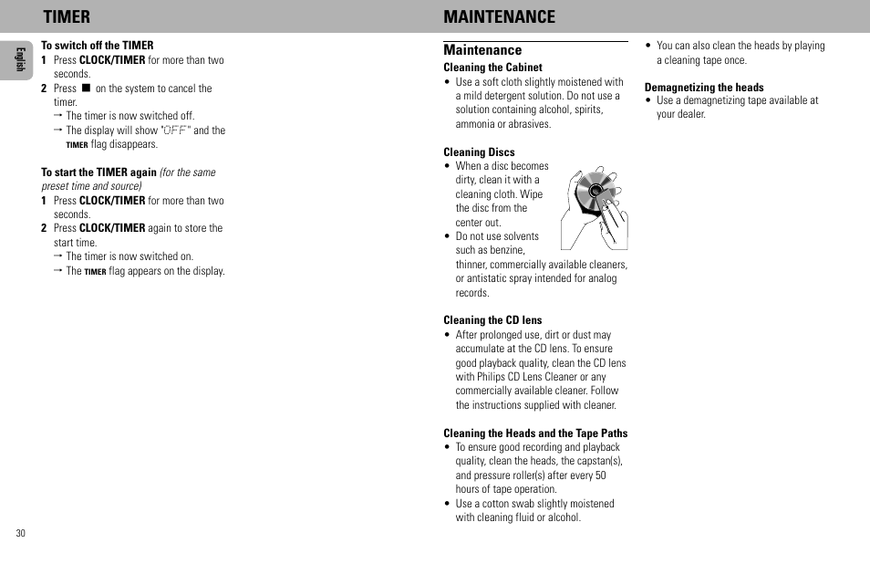 Timer maintenance, Maintenance | Philips FW930R User Manual | Page 30 / 33