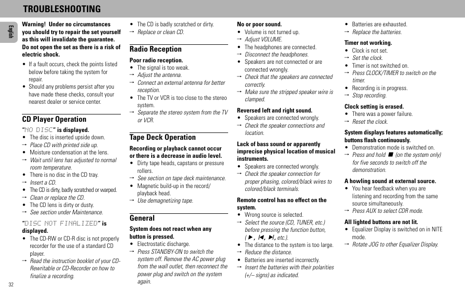 Troubleshooting, Cd player operation, Radio reception | Tape deck operation, General | Philips FW930R User Manual | Page 32 / 33