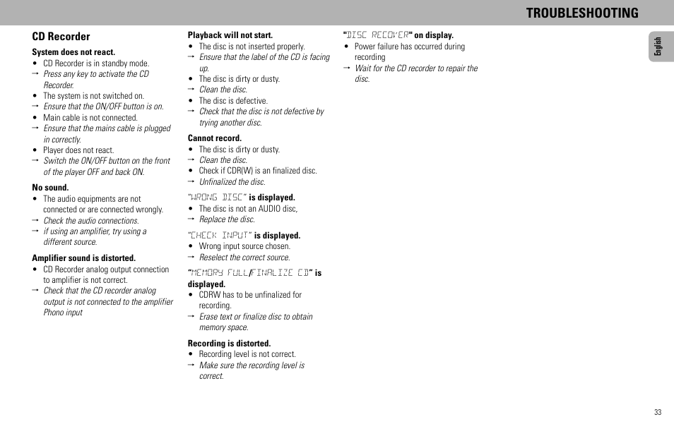 Troubleshooting, Cd recorder | Philips FW930R User Manual | Page 33 / 33