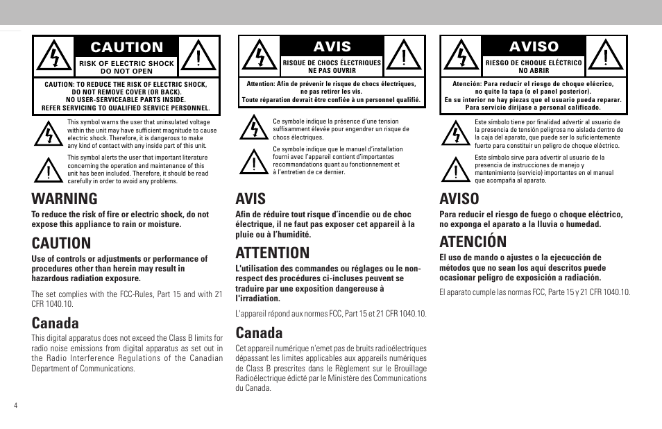 Warning, Canada, Attention | Atención, Caution, Avis, Aviso | Philips FW930R User Manual | Page 4 / 33