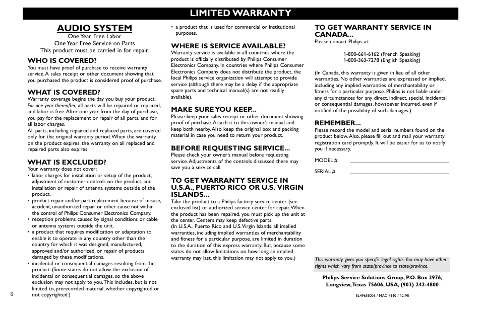Limited warranty, Audio system | Philips FW930R User Manual | Page 6 / 33