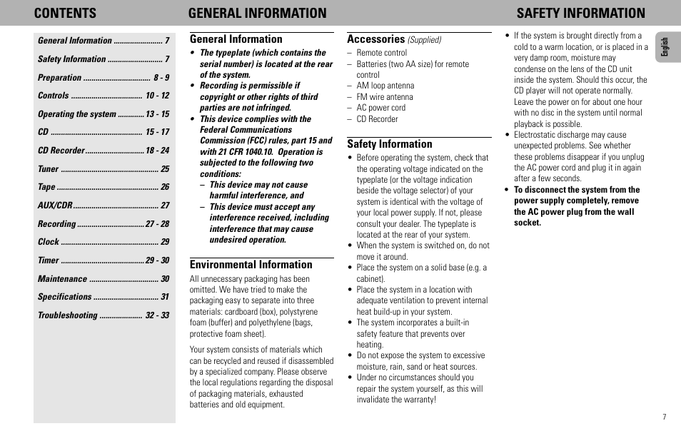 Contents general information safety information | Philips FW930R User Manual | Page 7 / 33