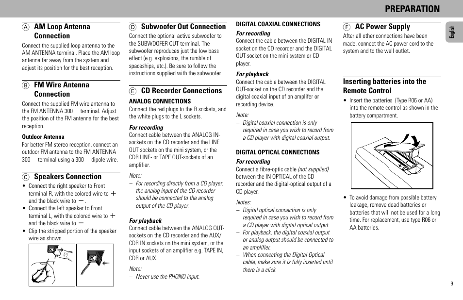 Preparation, A am loop antenna connection, B fm wire antenna connection | C speakers connection, D subwoofer out connection, E cd recorder connections, F ac power supply, Inserting batteries into the remote control | Philips FW930R User Manual | Page 9 / 33