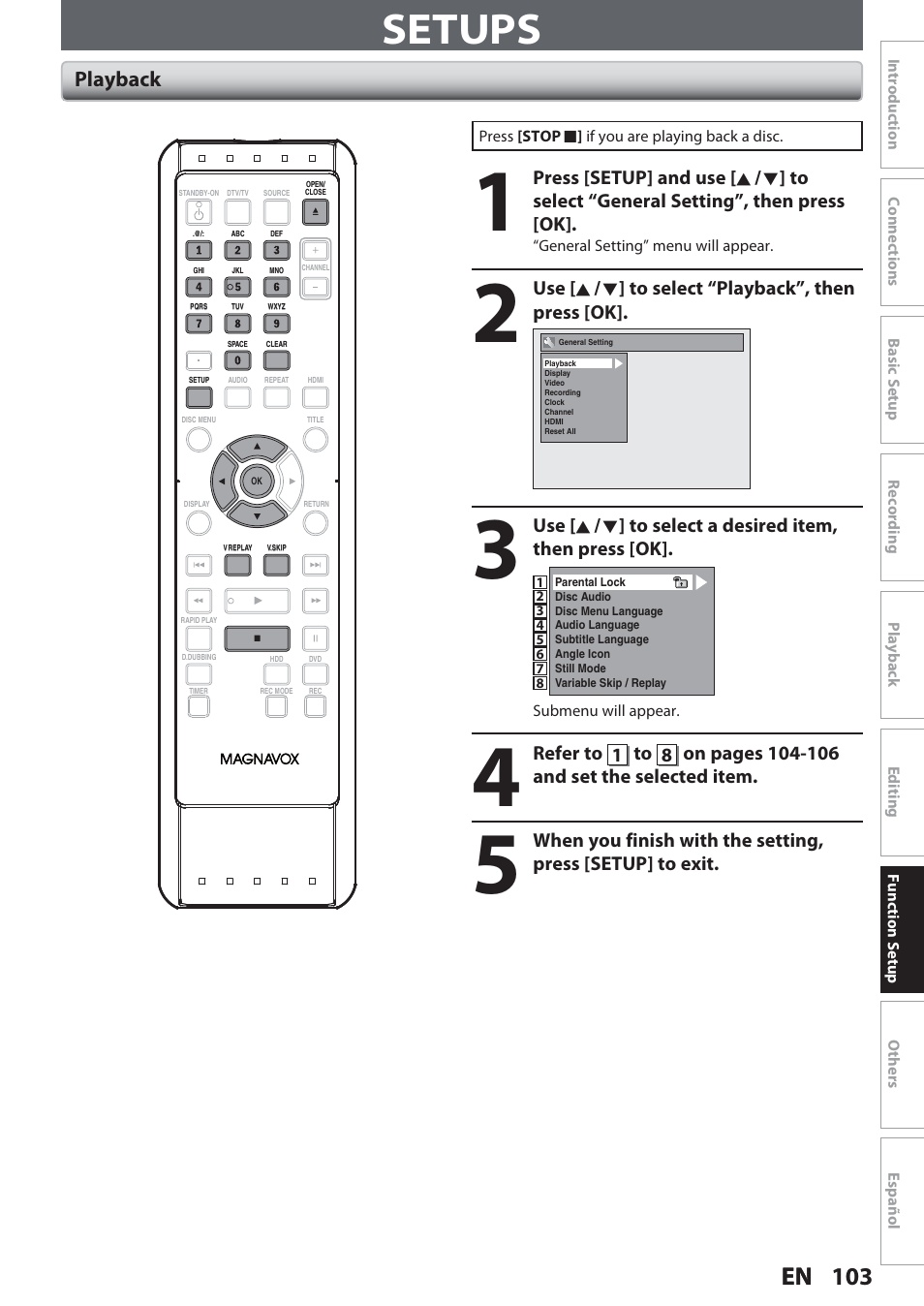 Setups, Playback | Philips Magnavox Hdd& Dvd Player/Recorder With Digital Tuner F7 User Manual | Page 103 / 128