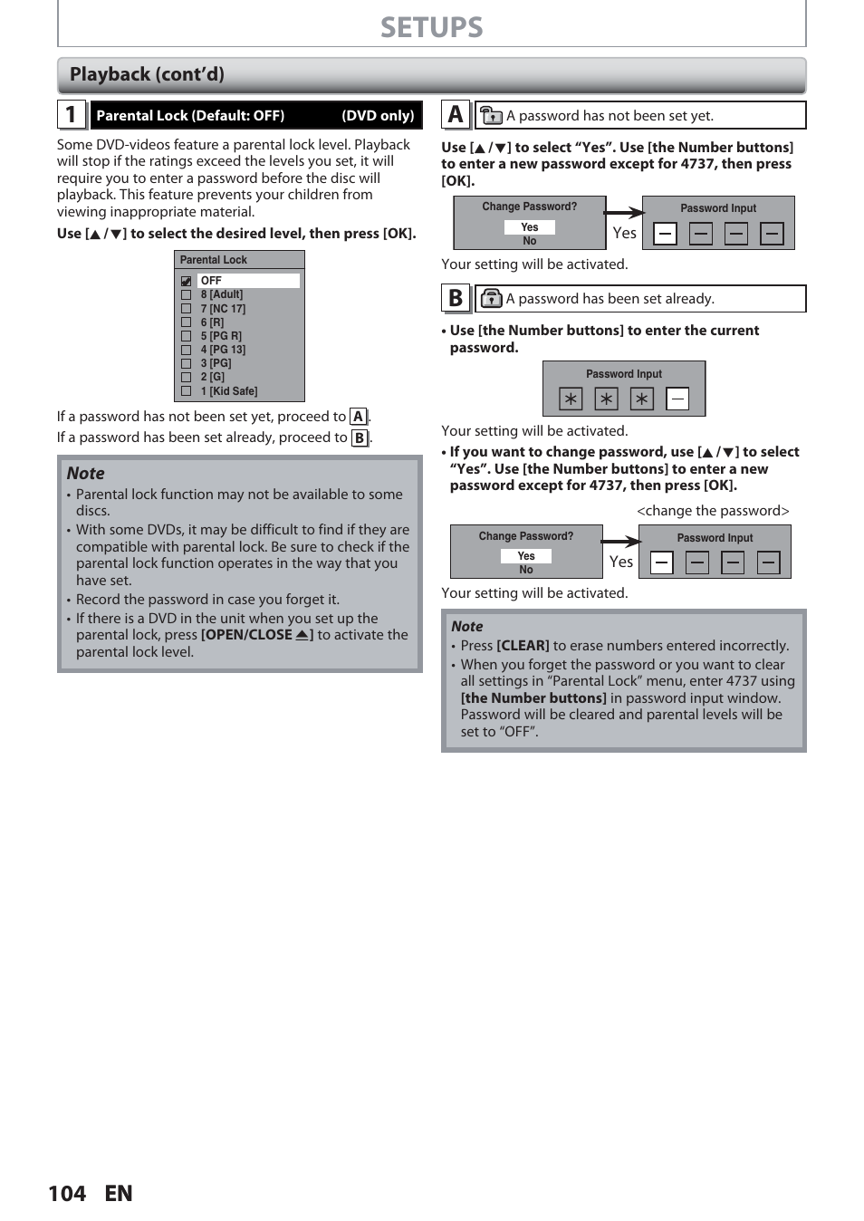 Setups, 104 en, Playback (cont’d) | Philips Magnavox Hdd& Dvd Player/Recorder With Digital Tuner F7 User Manual | Page 104 / 128