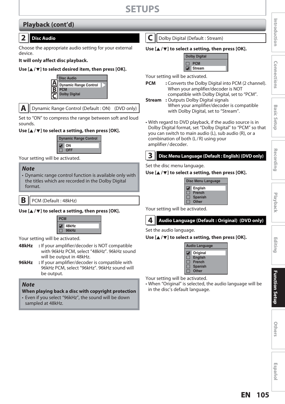 Setups, Ab c, Playback (cont’d) | Philips Magnavox Hdd& Dvd Player/Recorder With Digital Tuner F7 User Manual | Page 105 / 128