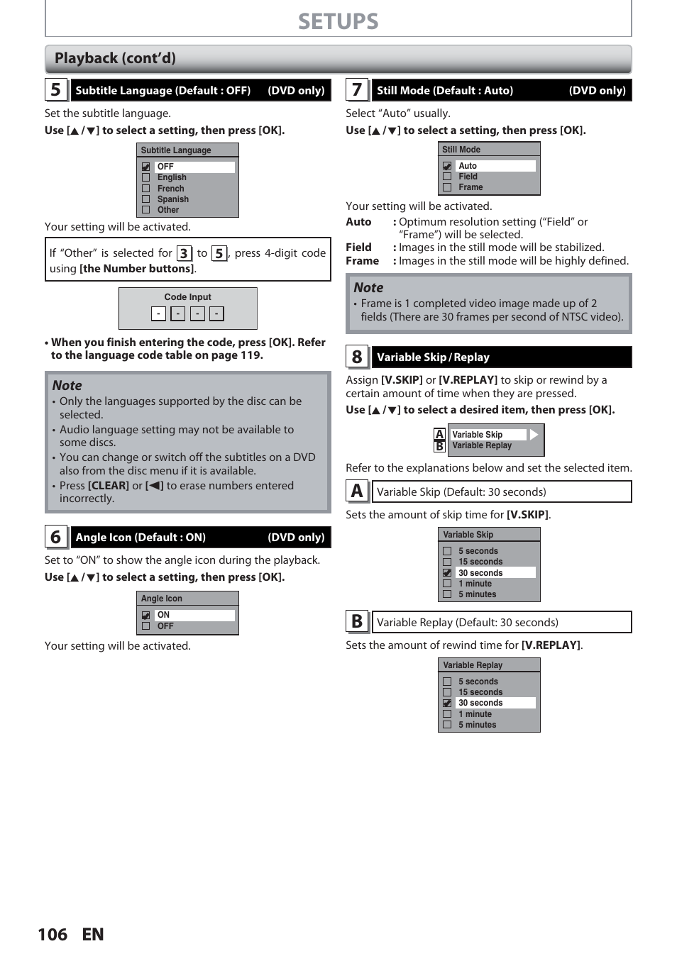 Setups, 106 en, Playback (cont’d) | Philips Magnavox Hdd& Dvd Player/Recorder With Digital Tuner F7 User Manual | Page 106 / 128