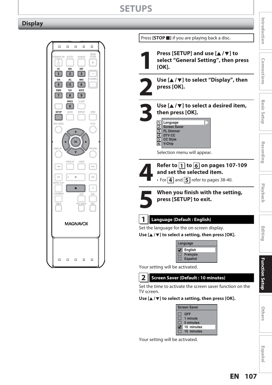 Display, Setups | Philips Magnavox Hdd& Dvd Player/Recorder With Digital Tuner F7 User Manual | Page 107 / 128