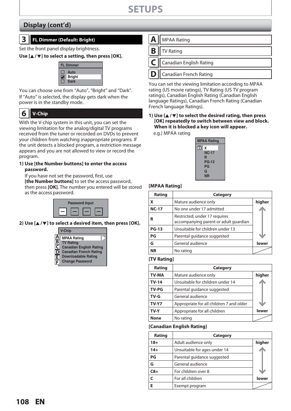 Setups, 108 en, Display (cont’d) | Philips Magnavox Hdd& Dvd Player/Recorder With Digital Tuner F7 User Manual | Page 108 / 128