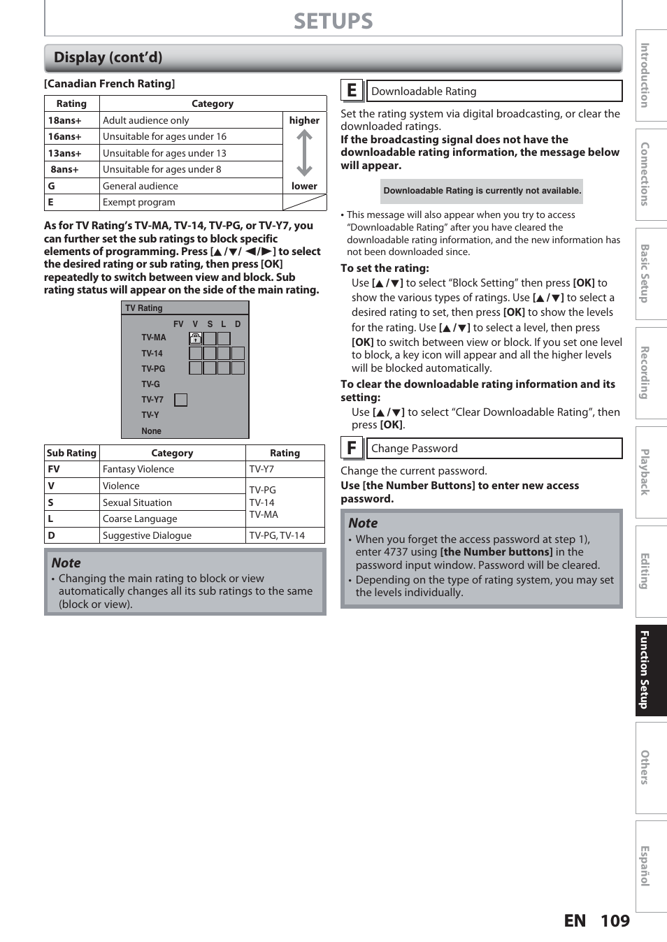 Setups, Display (cont’d) | Philips Magnavox Hdd& Dvd Player/Recorder With Digital Tuner F7 User Manual | Page 109 / 128