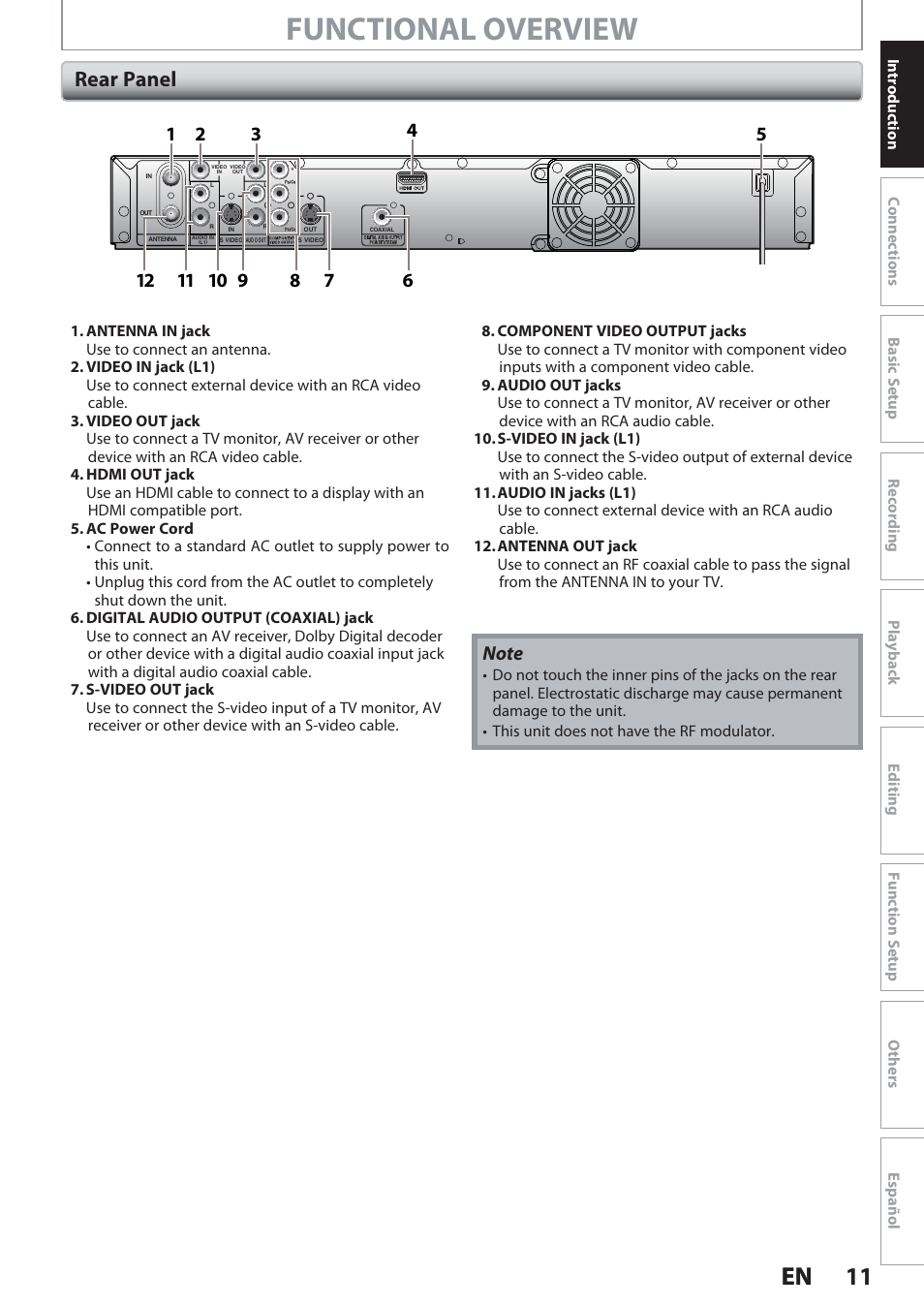 Rear panel, Functional overview, 11 en 11 en | Philips Magnavox Hdd& Dvd Player/Recorder With Digital Tuner F7 User Manual | Page 11 / 128