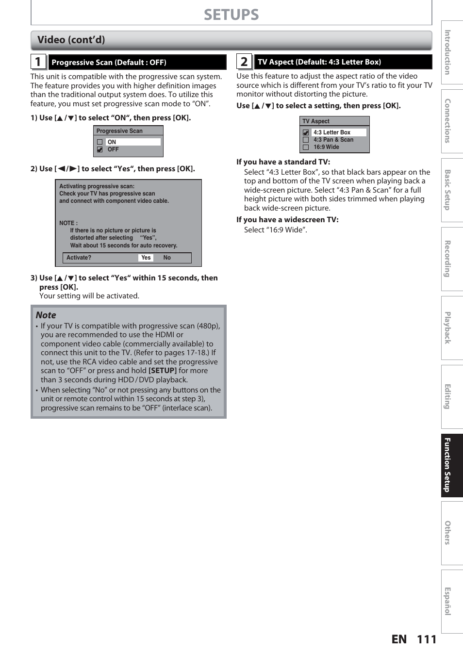 Setups, Video (cont’d) | Philips Magnavox Hdd& Dvd Player/Recorder With Digital Tuner F7 User Manual | Page 111 / 128