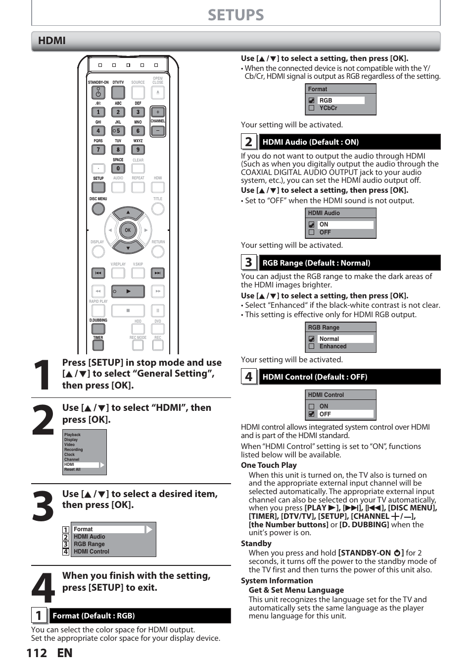Hdmi, Setups, 112 en | Use [ k / l ] to select “hdmi”, then press [ok | Philips Magnavox Hdd& Dvd Player/Recorder With Digital Tuner F7 User Manual | Page 112 / 128