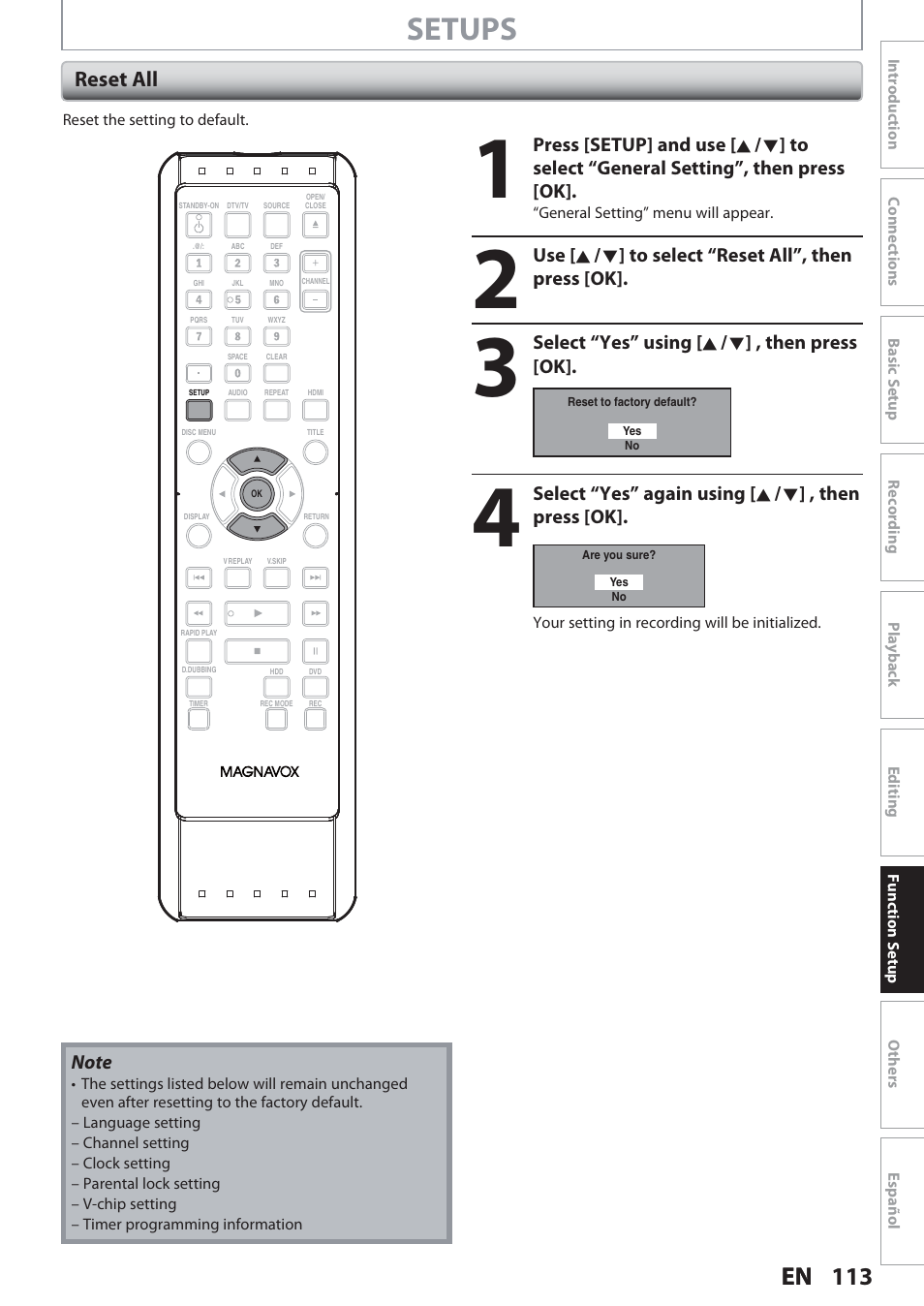 Reset all, Setups | Philips Magnavox Hdd& Dvd Player/Recorder With Digital Tuner F7 User Manual | Page 113 / 128