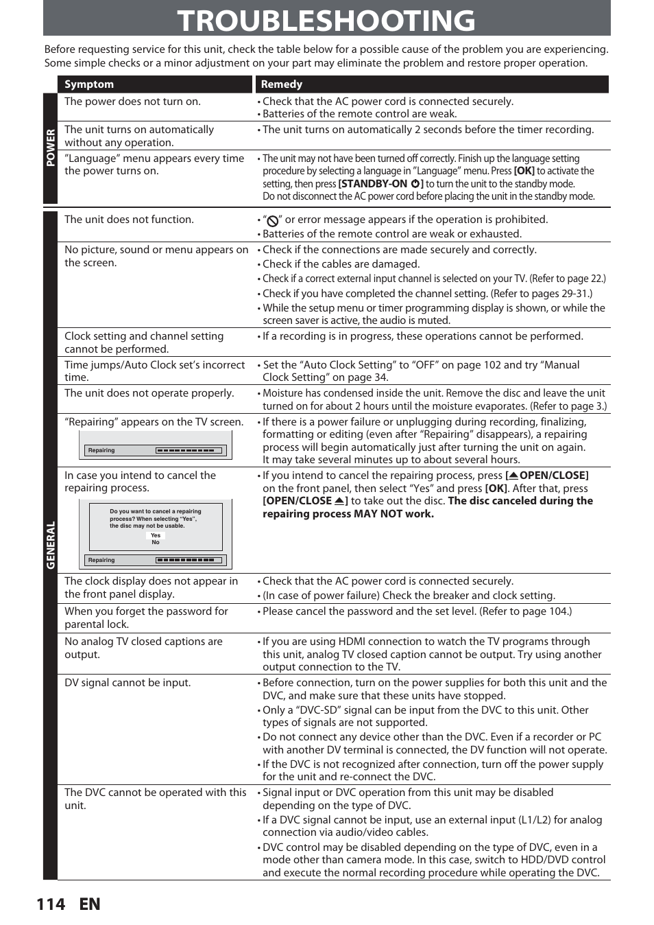 Troubleshooting, 114 en | Philips Magnavox Hdd& Dvd Player/Recorder With Digital Tuner F7 User Manual | Page 114 / 128