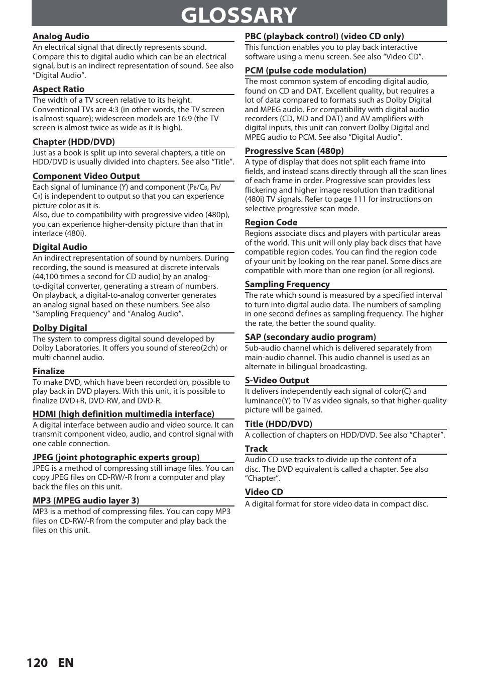 Glossary, 120 en | Philips Magnavox Hdd& Dvd Player/Recorder With Digital Tuner F7 User Manual | Page 120 / 128