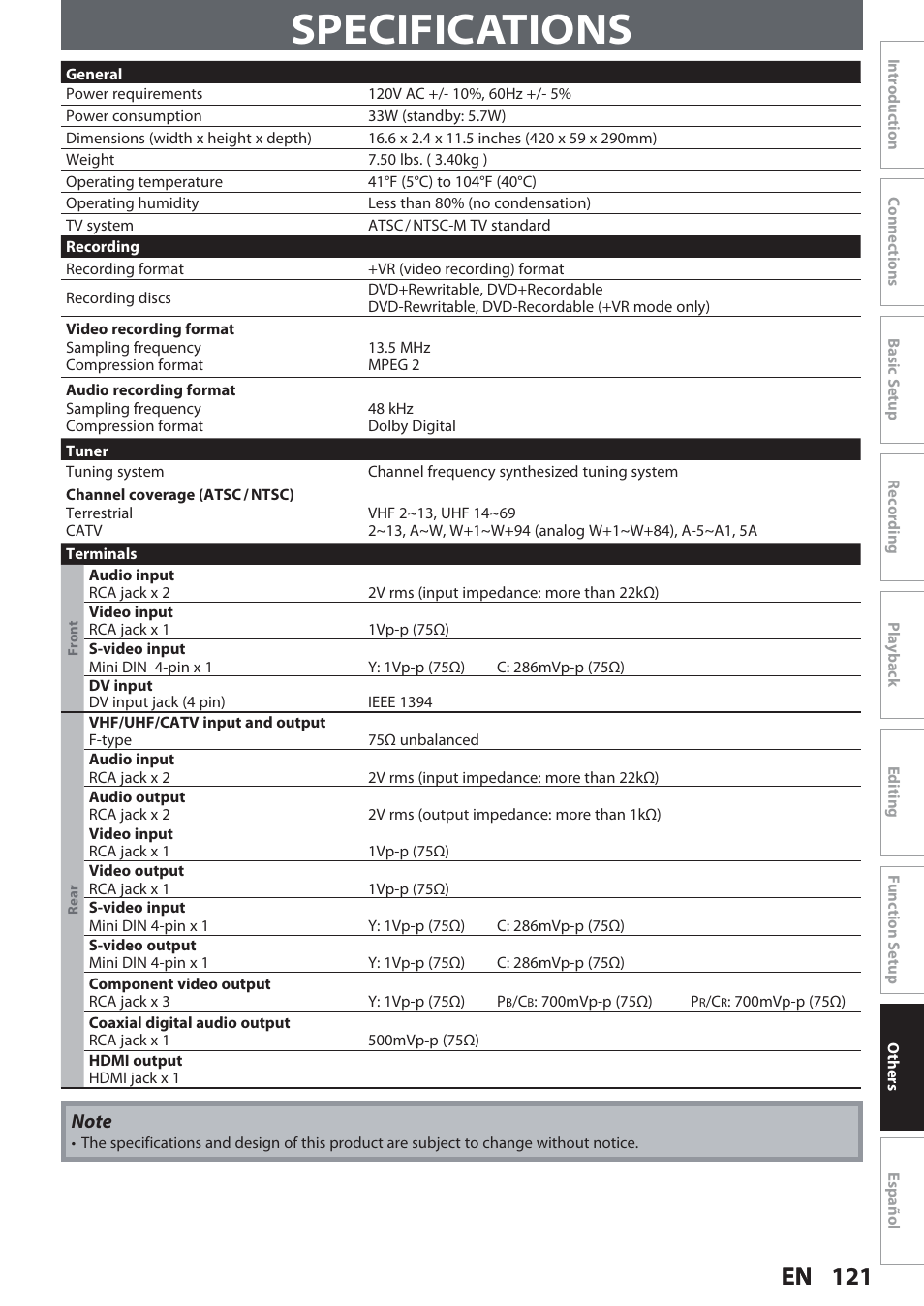 Specifications | Philips Magnavox Hdd& Dvd Player/Recorder With Digital Tuner F7 User Manual | Page 121 / 128