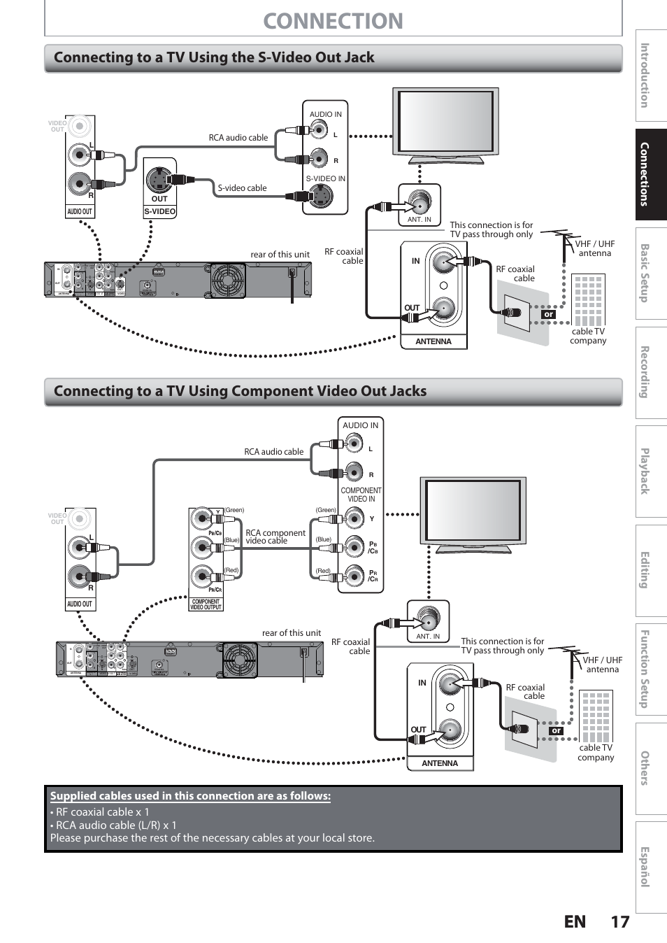 Connecting to a tv using the s-video out jack, Connecting to a tv using component video out jacks, Connection | 17 en 17 en, This connection is for tv pass through only, Rca audio cable, Rca component video cable | Philips Magnavox Hdd& Dvd Player/Recorder With Digital Tuner F7 User Manual | Page 17 / 128