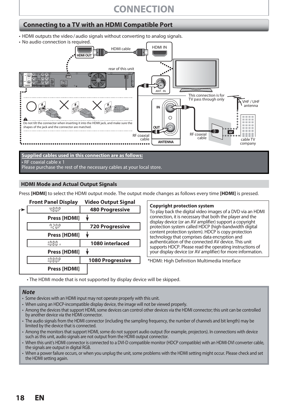 Connecting to a tv with an hdmi compatible port, Connection, 18 en 18 en | Hdmi mode and actual output signals | Philips Magnavox Hdd& Dvd Player/Recorder With Digital Tuner F7 User Manual | Page 18 / 128