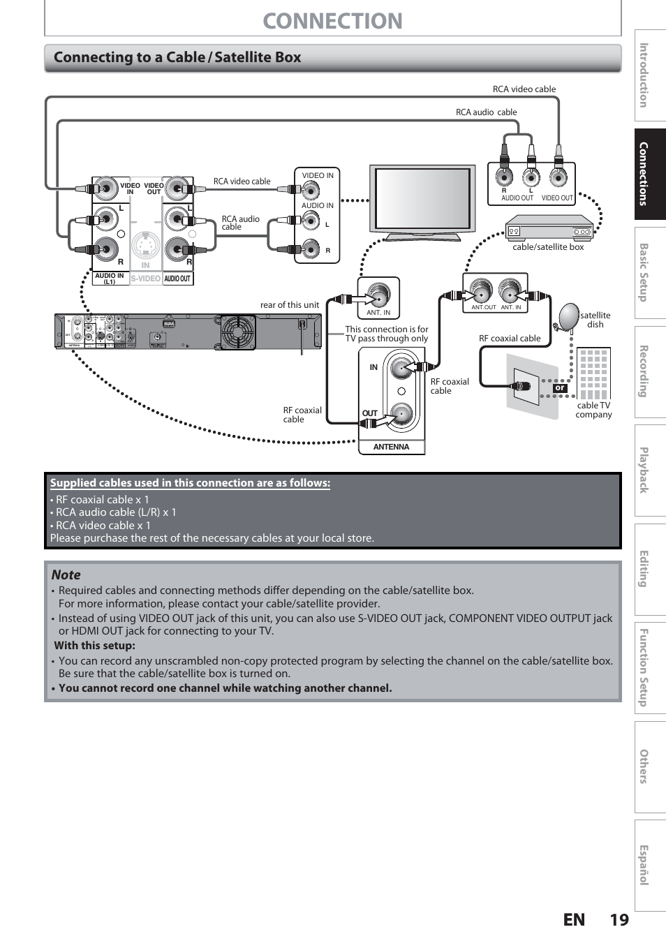 Connecting to a cable / satellite box, Connection, 19 en 19 en | Philips Magnavox Hdd& Dvd Player/Recorder With Digital Tuner F7 User Manual | Page 19 / 128