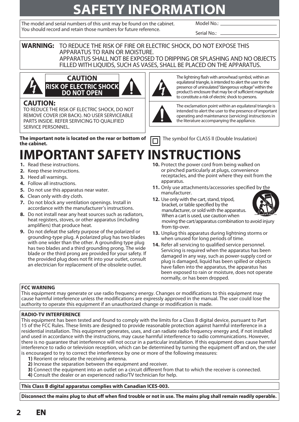 Safety information, Important safety instructions, 2en 2 en | Caution, Caution risk of electric shock do not open | Philips Magnavox Hdd& Dvd Player/Recorder With Digital Tuner F7 User Manual | Page 2 / 128