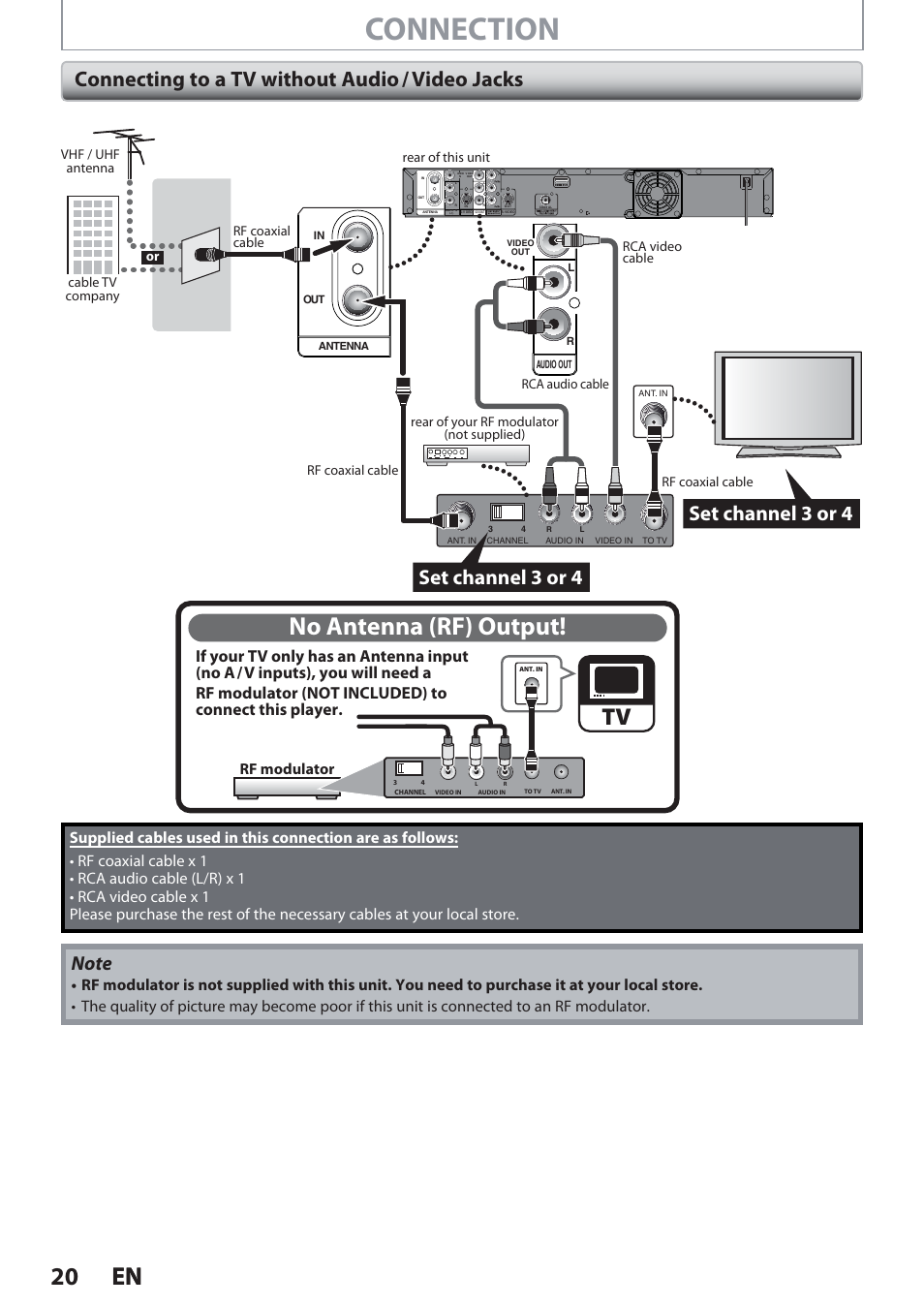 Connecting to a tv without audio / video jacks, Connection, No antenna (rf) output | 20 en 20 en, Set channel 3 or 4, Rf modulator | Philips Magnavox Hdd& Dvd Player/Recorder With Digital Tuner F7 User Manual | Page 20 / 128