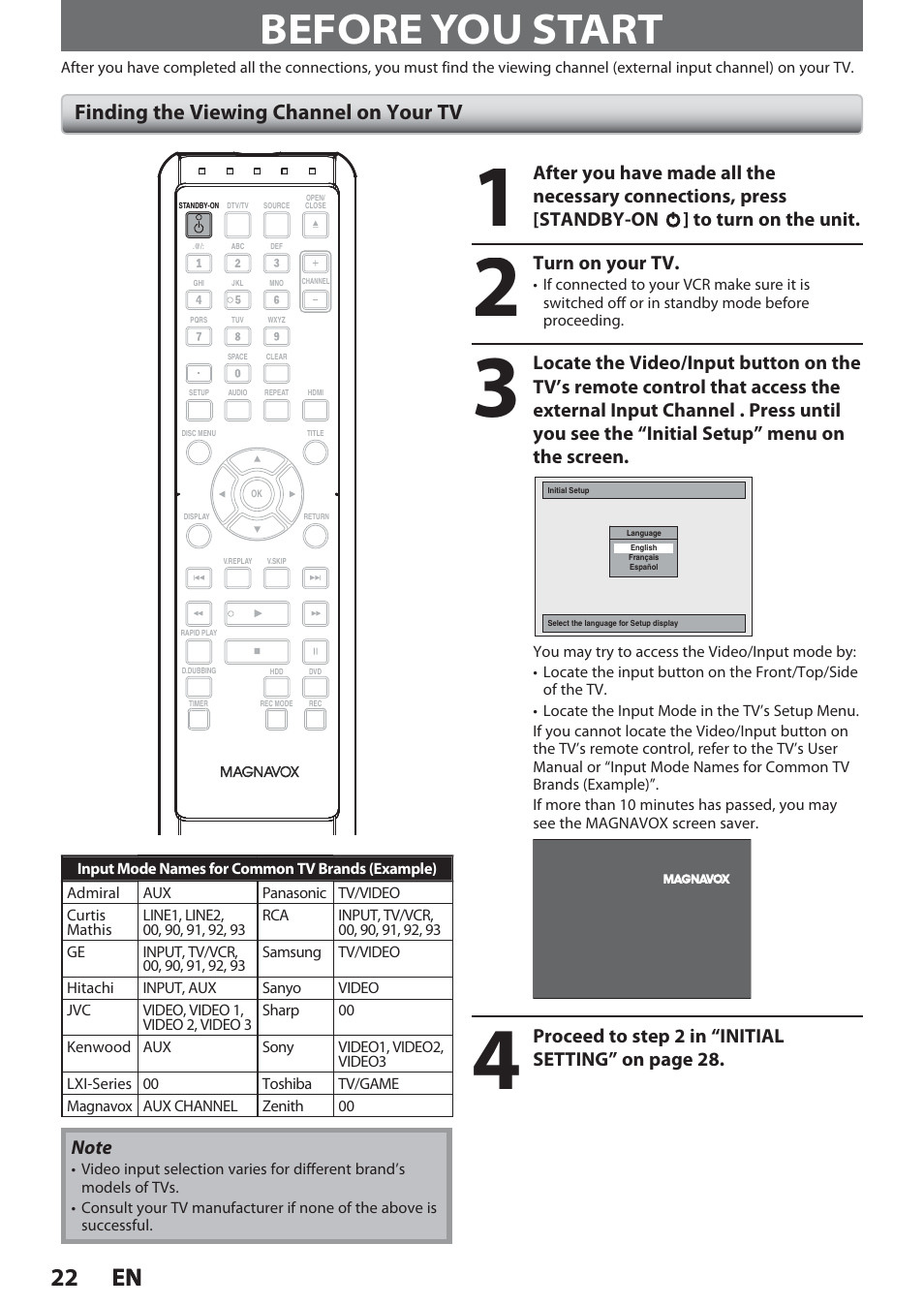 Before you start, Finding the viewing channel on your tv, 22 en en | Turn on your tv, Proceed to step 2 in “initial setting” on page 28 | Philips Magnavox Hdd& Dvd Player/Recorder With Digital Tuner F7 User Manual | Page 22 / 128