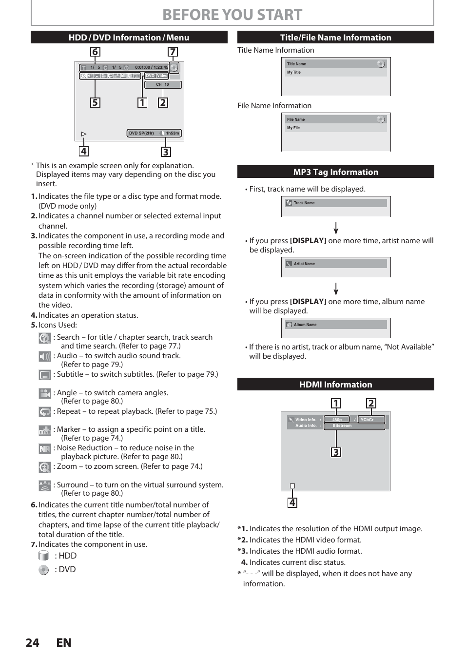 Before you start, 24 en en | Philips Magnavox Hdd& Dvd Player/Recorder With Digital Tuner F7 User Manual | Page 24 / 128