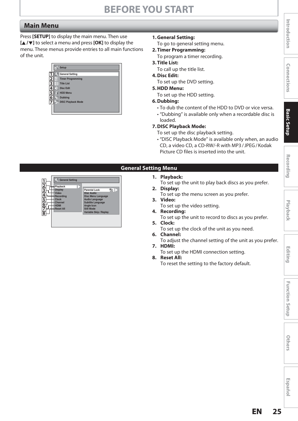 Main menu, Before you start, 25 en 25 en | Philips Magnavox Hdd& Dvd Player/Recorder With Digital Tuner F7 User Manual | Page 25 / 128