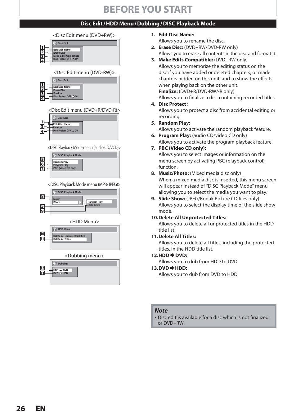 Before you start, 26 en 26 en | Philips Magnavox Hdd& Dvd Player/Recorder With Digital Tuner F7 User Manual | Page 26 / 128