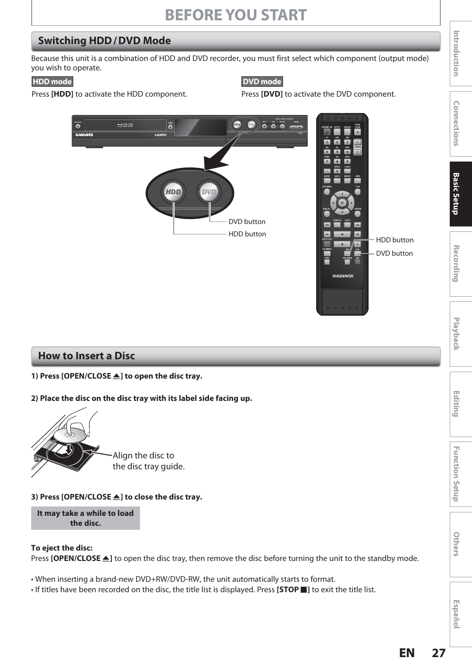 Switching hdd / dvd mode, How to insert a disc, Before you start | 27 en 27 en, Align the disc to the disc tray guide | Philips Magnavox Hdd& Dvd Player/Recorder With Digital Tuner F7 User Manual | Page 27 / 128