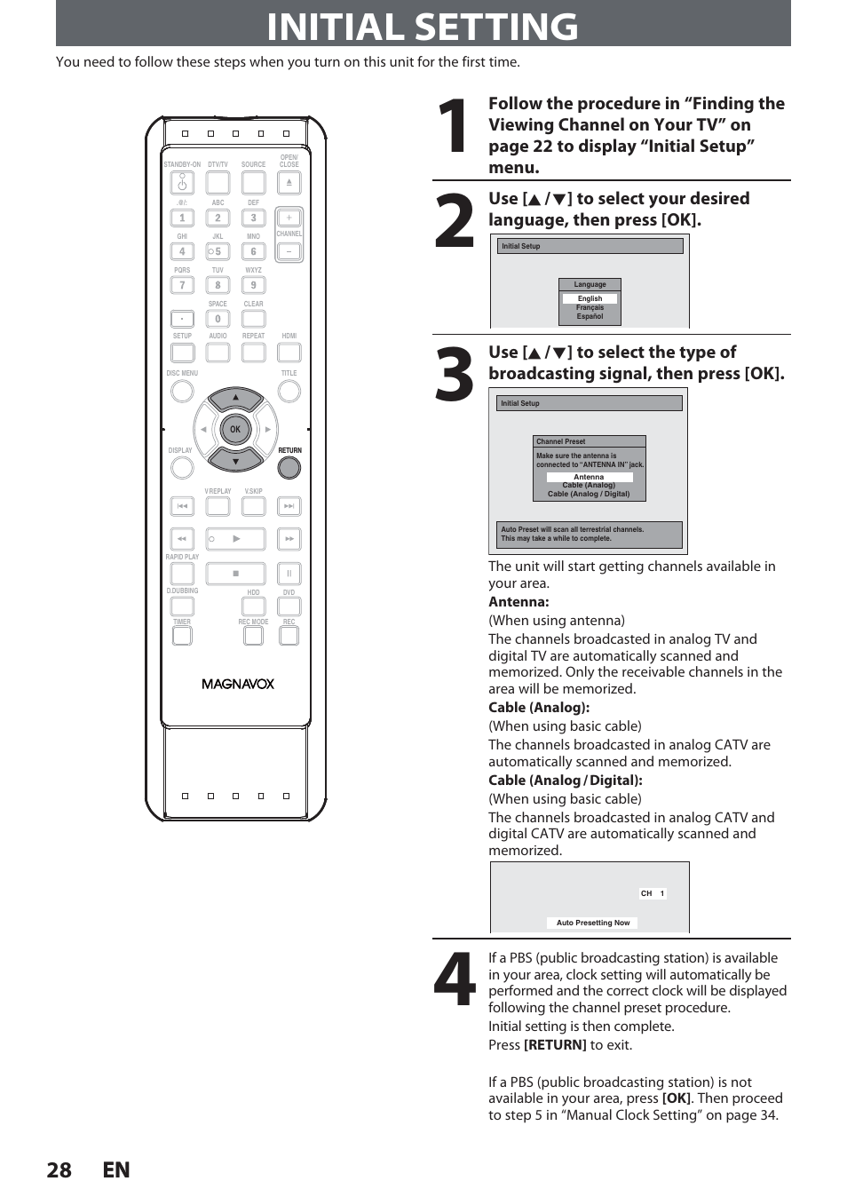 Initial setting, 28 en 28 en | Philips Magnavox Hdd& Dvd Player/Recorder With Digital Tuner F7 User Manual | Page 28 / 128