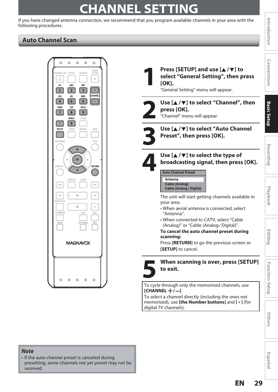 Channel setting, Auto channel scan, 29 en 29 en | Philips Magnavox Hdd& Dvd Player/Recorder With Digital Tuner F7 User Manual | Page 29 / 128