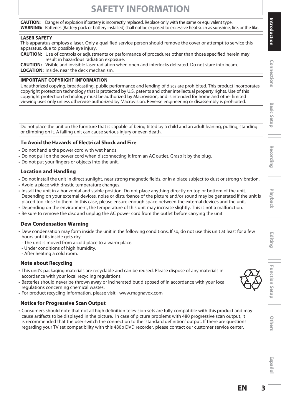 Safety information, 3en 3 en | Philips Magnavox Hdd& Dvd Player/Recorder With Digital Tuner F7 User Manual | Page 3 / 128