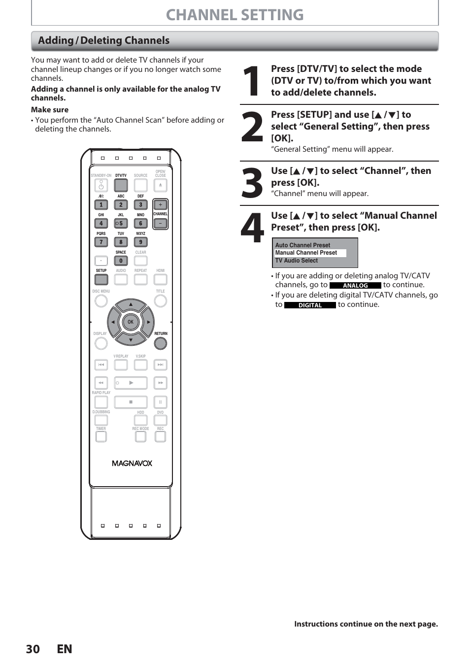 Adding / deleting channels, Channel setting, 30 en 30 en | Use [ k / l ] to select “channel”, then press [ok | Philips Magnavox Hdd& Dvd Player/Recorder With Digital Tuner F7 User Manual | Page 30 / 128