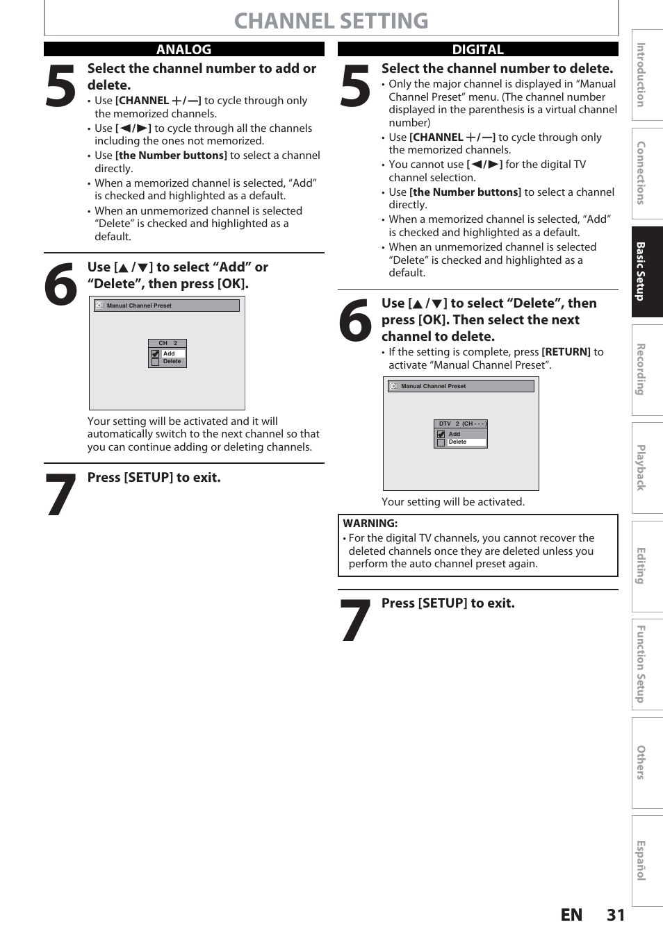 Channel setting | Philips Magnavox Hdd& Dvd Player/Recorder With Digital Tuner F7 User Manual | Page 31 / 128