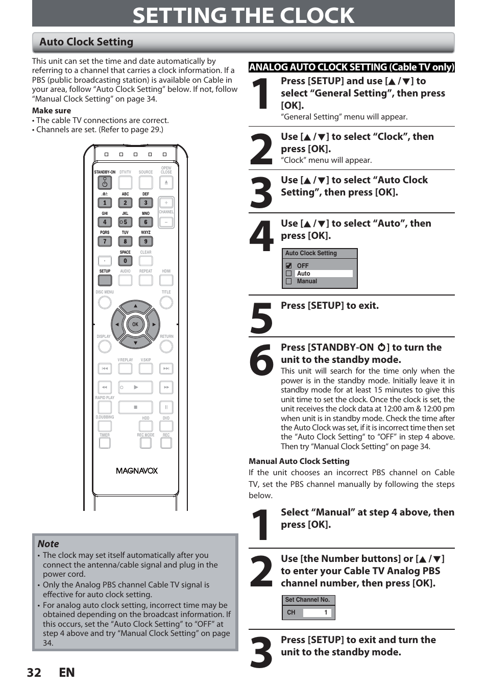 Setting the clock, Auto clock setting, 32 en 32 en | Philips Magnavox Hdd& Dvd Player/Recorder With Digital Tuner F7 User Manual | Page 32 / 128