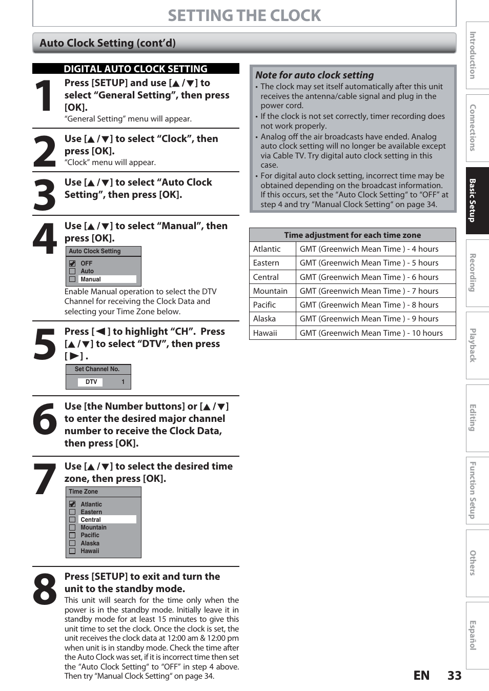 Setting the clock | Philips Magnavox Hdd& Dvd Player/Recorder With Digital Tuner F7 User Manual | Page 33 / 128