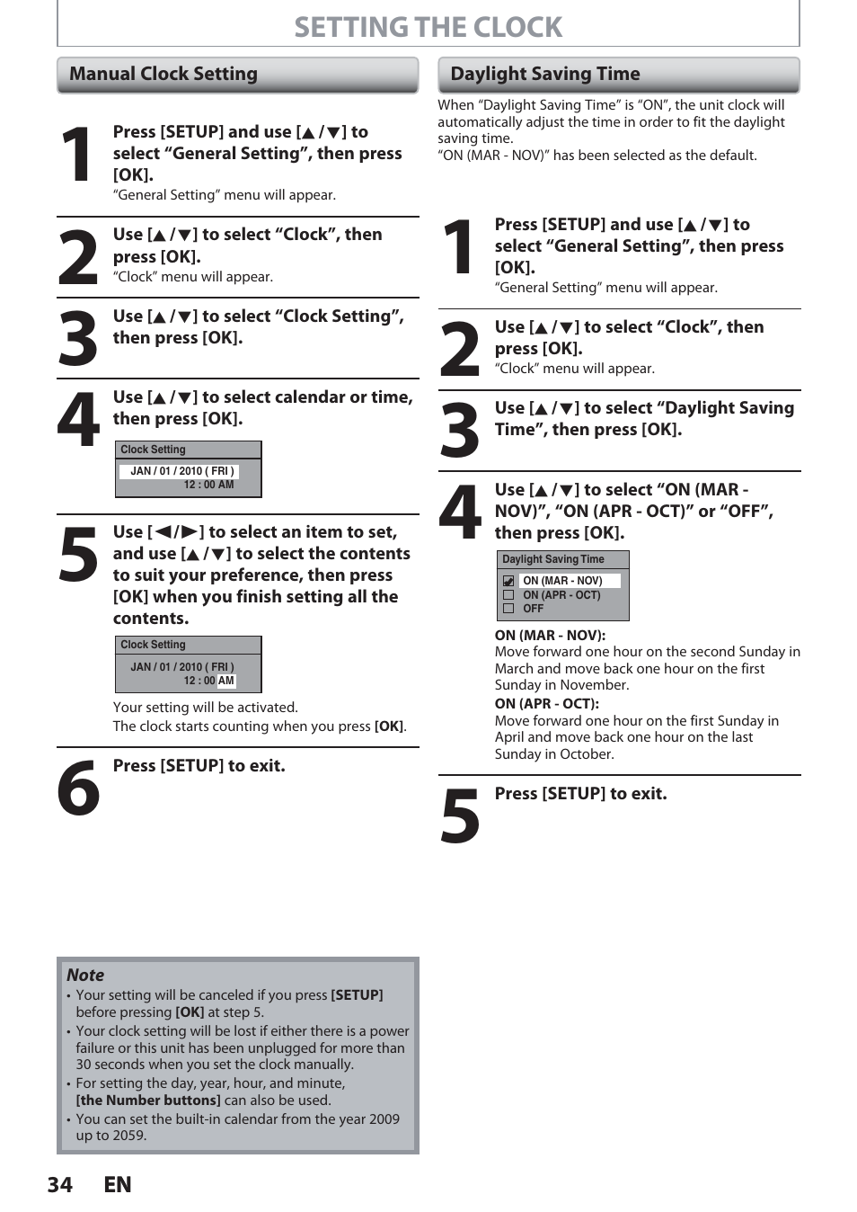 Manual clock setting, Daylight saving time, Setting the clock | Philips Magnavox Hdd& Dvd Player/Recorder With Digital Tuner F7 User Manual | Page 34 / 128