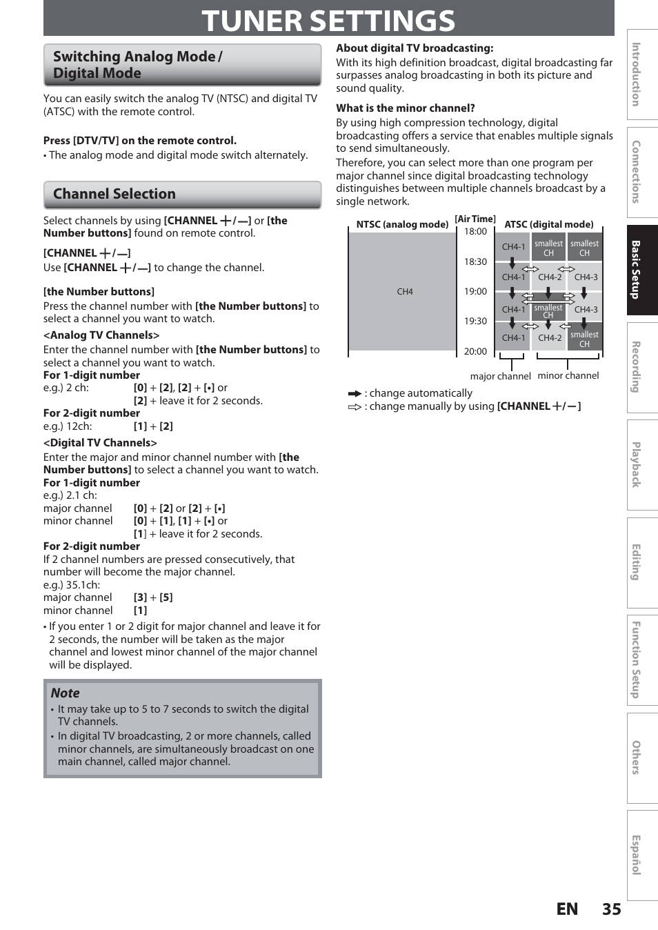 Tuner settings, Switching analog mode / digital mode, Channel selection | 35 en 35 en | Philips Magnavox Hdd& Dvd Player/Recorder With Digital Tuner F7 User Manual | Page 35 / 128